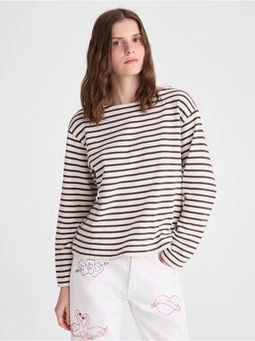 Zara Striped Long-Sleeve Boatneck Top - Cream & Brown